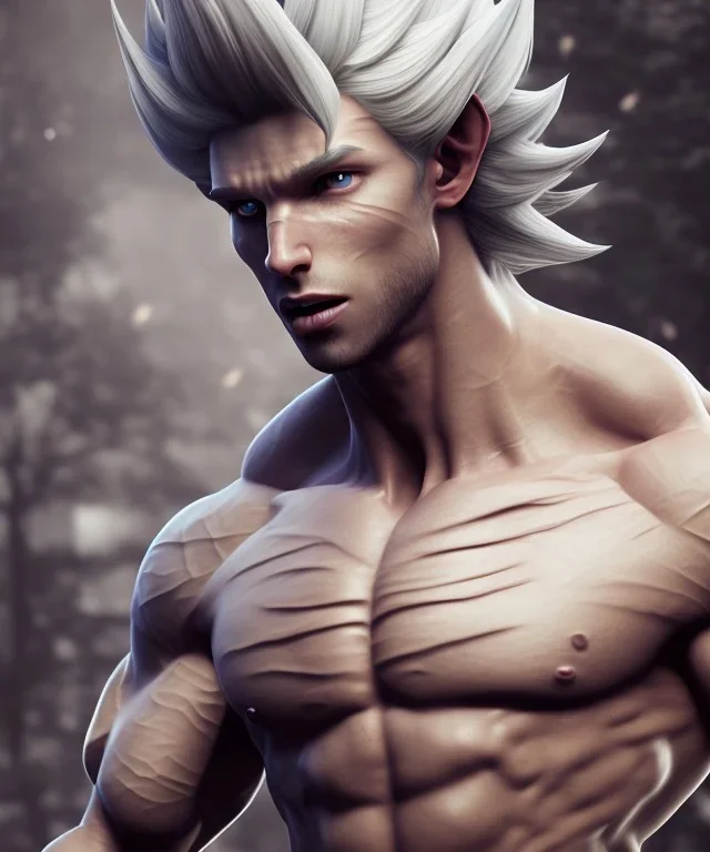  unreal engine 5, avatar, goku, white and purple lines hair, fighting pose, muscular body, shirtless, volumetric details, hyper realism