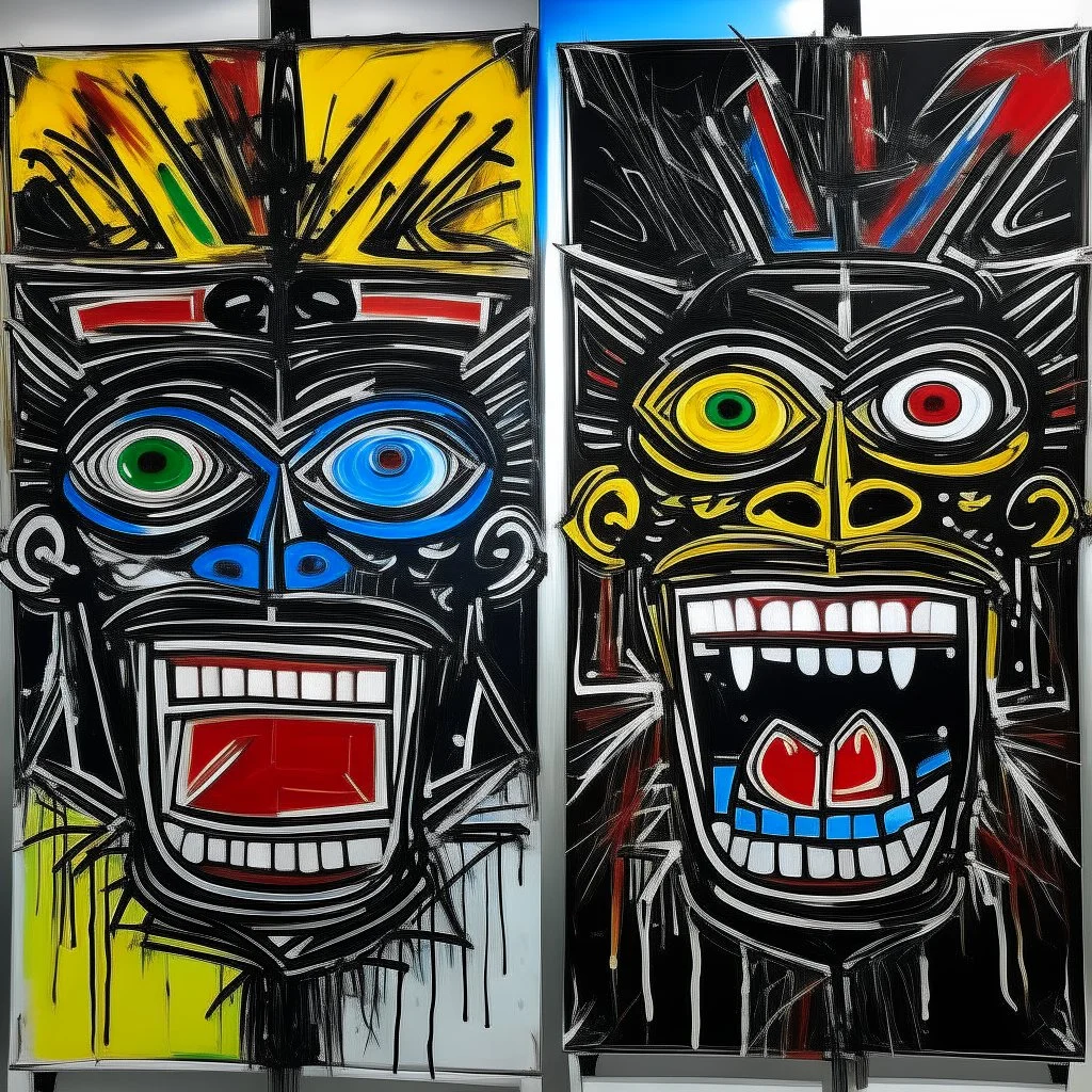 angry grotesque faces, by Jean-Michel Basquiat, acrylic painting