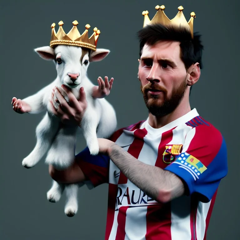 messi as king with wearing crown and king stuffs and clothes and holding a little white goat on his hand ,hyperrealistic,8k,detailed,rendered