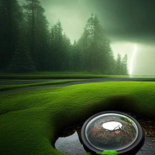 hyperrealistic shot, rusting and moss covered computer, earth color palette, sharp focus, puddle reflection, tire water splash, refraction, rain and lightning on the horizon, shadowcast, detailed and intricate, cinematic composition, tilt shift photography