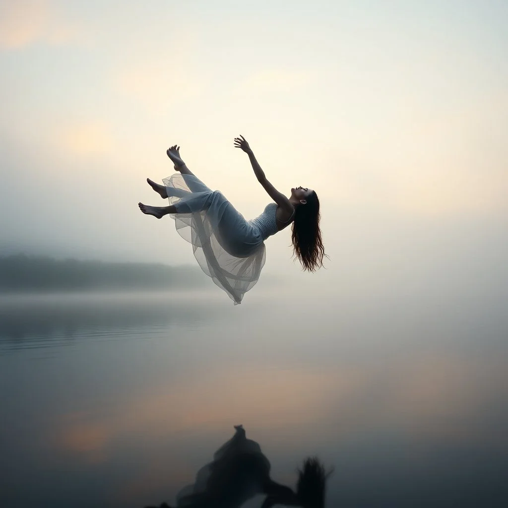 Award-winning surreal fine art photography of a woman gracefully floating above a calm lake at dawn, delicate mist surrounding the scene, soft pastel sky, cinematic lighting, extraordinary visual storytelling, dreamlike realism, professionally captured with a Hasselblad medium format camera, gallery exhibition quality, masterpiece, 64 k