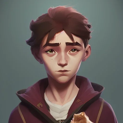 Portrait of a wizard kid with his pet familiar by Nick Harris