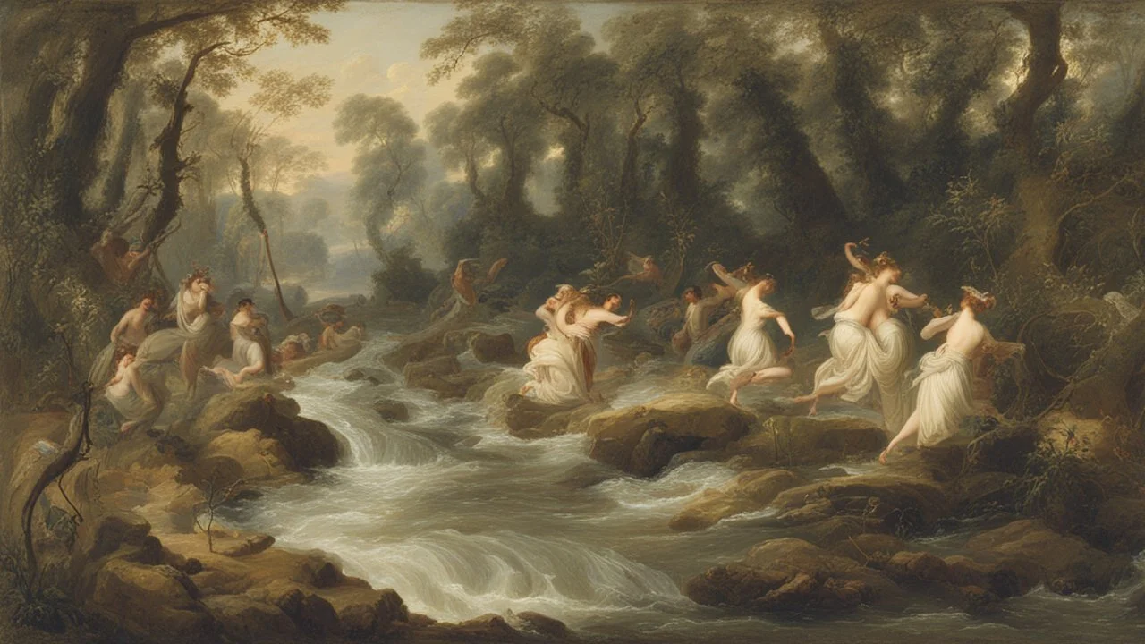 Nymphs Dancing in a stream, in a woodland clearing