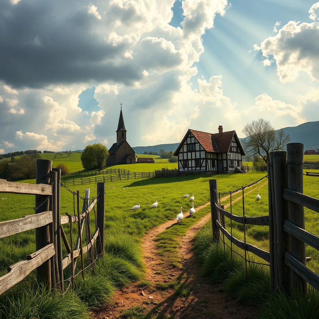 Prompt: create a realistic image: "A picturesque, rural village with an old church and a traditional half-timbered house on a gentle hill. The scene features a rustic wooden fence in the foreground framing a green meadow with white geese. The sky is dramatic with large, white clouds, and rays of sunlight break through to bathe the landscape in a warm glow. The path leading to the church and house is interspersed with grass and earth, giving the scene an idyllic and nostalgic atmosphere. Style in