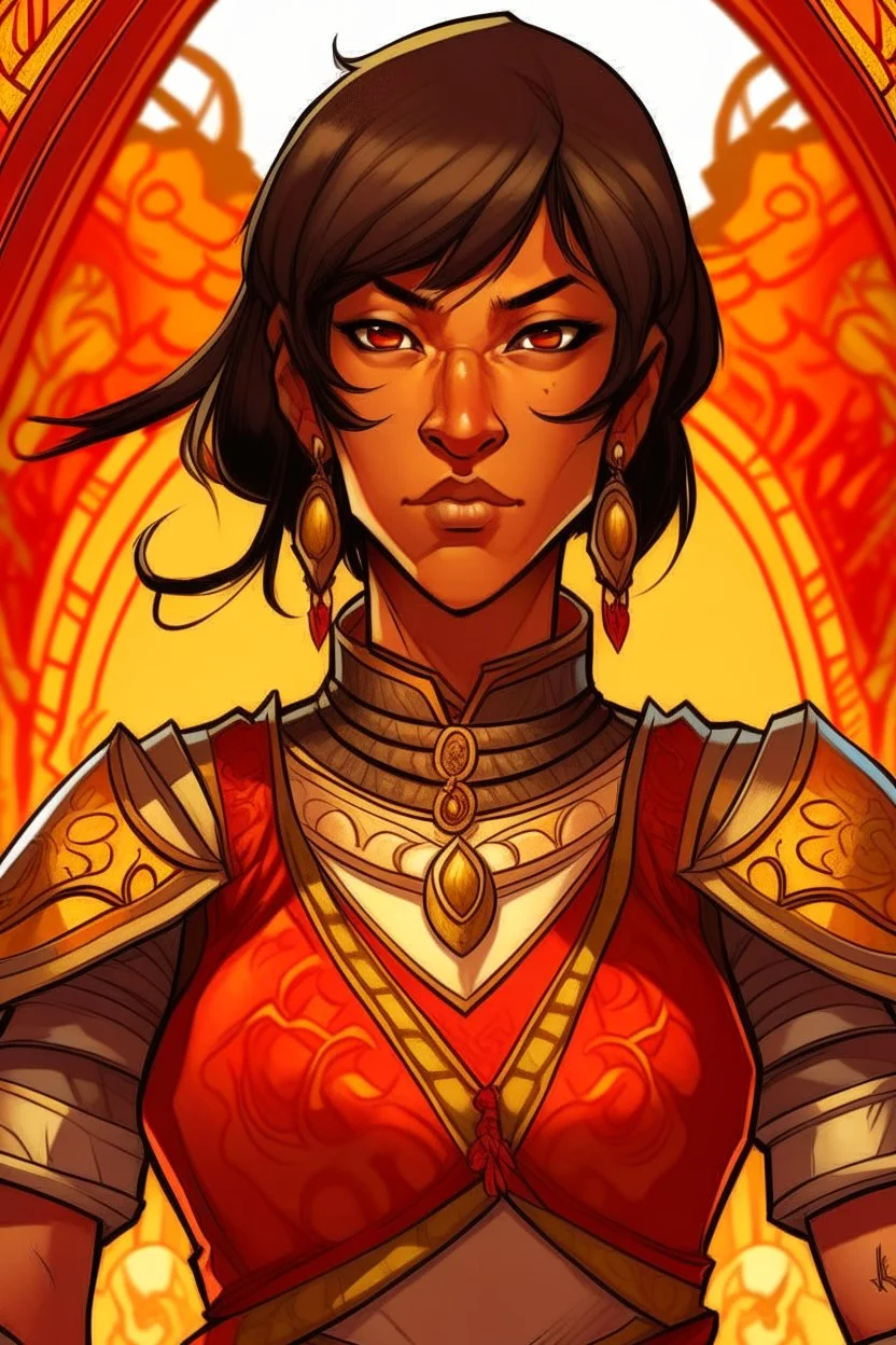 an anime drawing of a 40 year old thai woman. she looks middle aged. and has a stern look on her face. round face. dark tan skin, toned and muscular. short in height. dark brown hair in a bob cut. she is wearing an armour over a beautiful thai gown. she has a sun themeing. and the color scheme is red and yellow. she is holding a shield and a sword. full body drawing