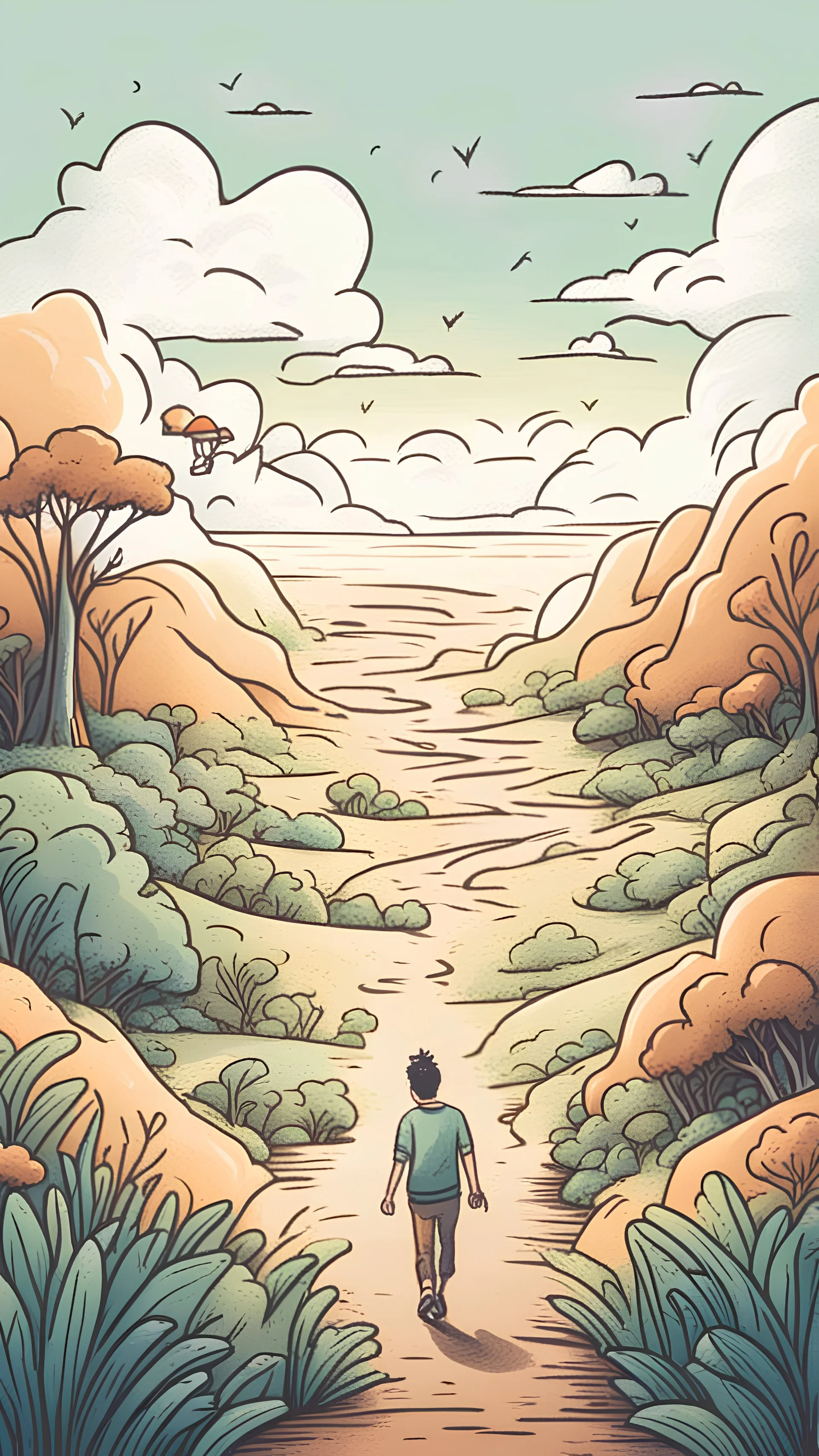 A happy and optimistic person walks in a land like paradise, and he is optimistic, a metaphor for joy hand-drawn illustration style