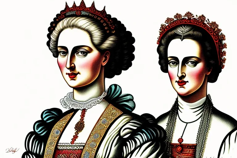 Two Austrian historical ladies, ink and pencil, style Elisabeth Kreitz