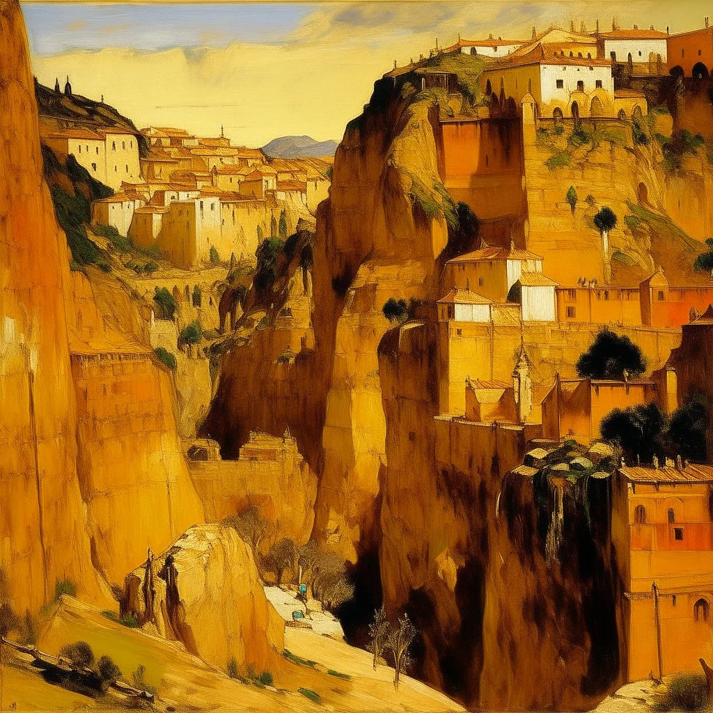 A yellowish orange colored ancient city underneath the cliffside painted by Edouard Manet