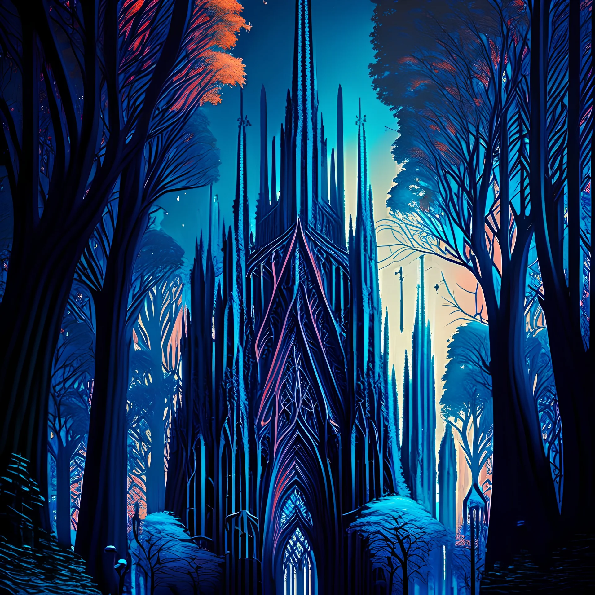 Gothic city cathedral gothic hyper-detailed digital art people 8k trees complementary colors