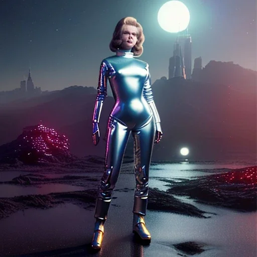 Ultra Realistic retro sci-fi portrait New York image from 1960, many spaceships, sweet young Jane Fonda, tight latex suit, weapon, fighting stance, soft color, highly detailed, unreal engine 5, ray tracing, RTX, lumen lighting, ultra detail, volumetric lighting, 3d, finely drawn, high definition, high resolution.