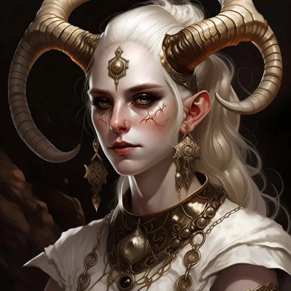 A young tiefling woman with a set of ram horns on her head encrusted with jewels, White-Blonde hair, black eyes, no pupils, dressed in white and gold with lots of jewelry