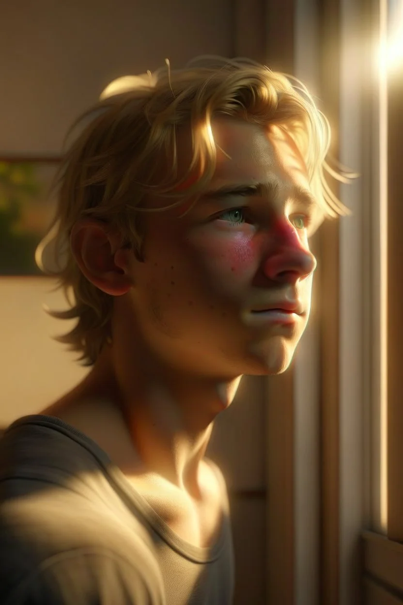 A hyper-realistic portrait of an athletic teen boy with honey brown eyes, messy golden blond hair, cute, innocent and amused, looking out a window, a hint of facial hair, no shirt, shirtless, inside an empty room with warm sunlight streaming in, detailed, high definition, 4K, 8K, quality render, photo realistic