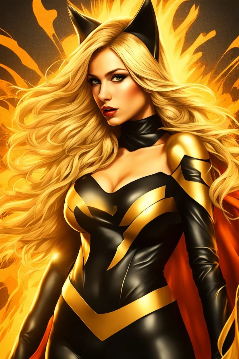 super hero woman, blonde long haired, cat ears, beauty face, big body, good body, black and golden plastic costume, cape, fire of plasma on hands, wall of graffity art background