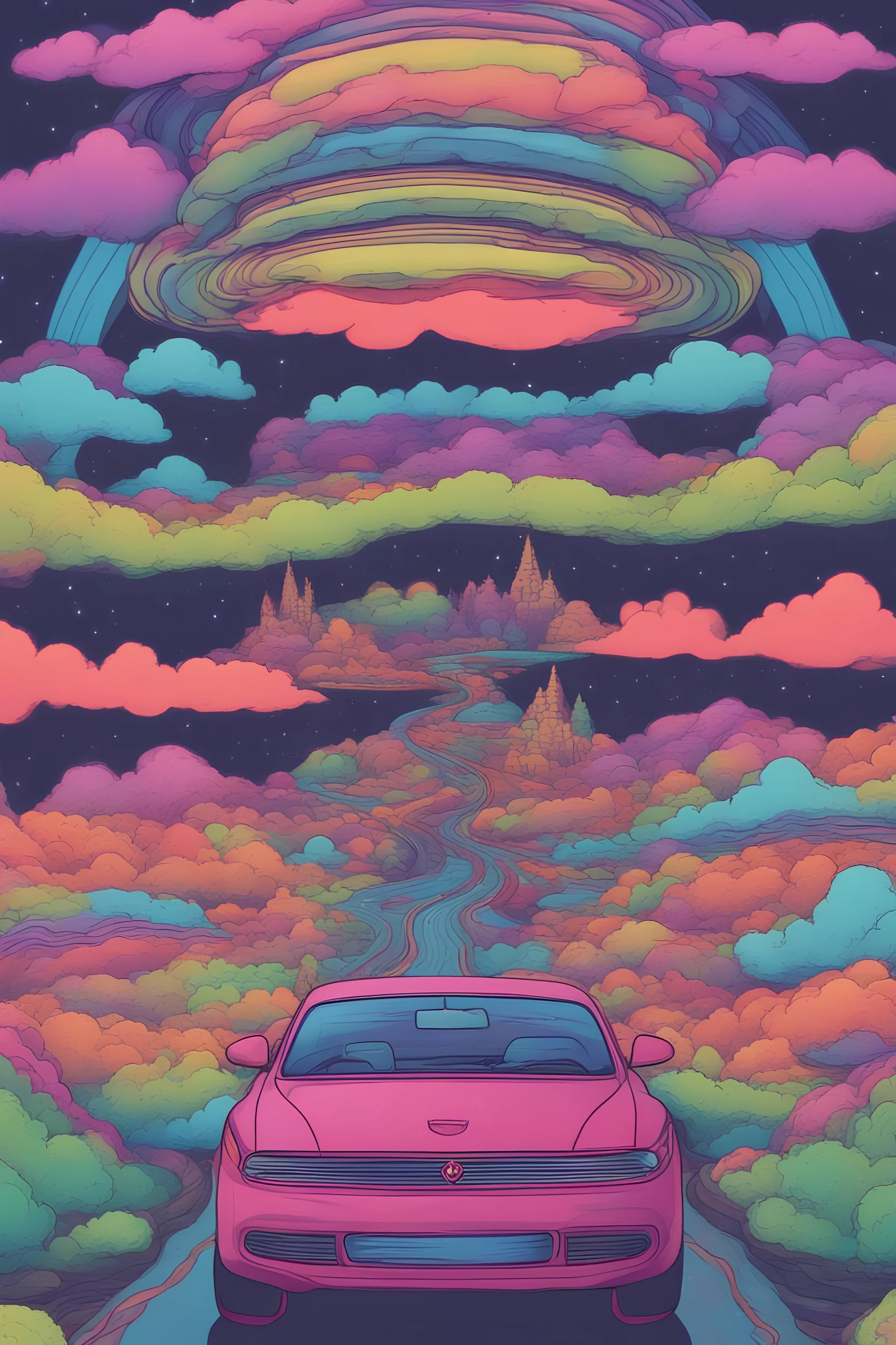 sitting inside of the car, driving and outside is trippy imagination