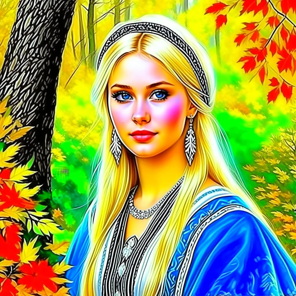 Blue eyed blonde women in traditional dress, nature background, water color, 24k, high resolution, highly detailed, cozy, forest with leafs, flowers, smooth, folk, painting