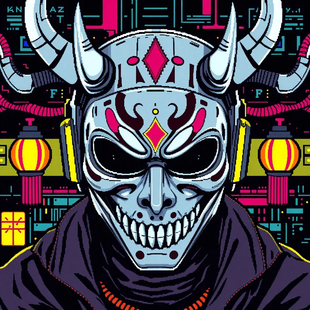 8 bit pixelart cyberpunk,Hannya-Maske, Comic style