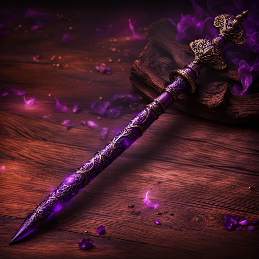 Closeup of an old, dark, wooden magical wand used for black magic. Bright violet details. Evil. Dark. Black magic. No detailed background.Magical. Epic. Dramatic, highly detailed, digital painting, masterpiece