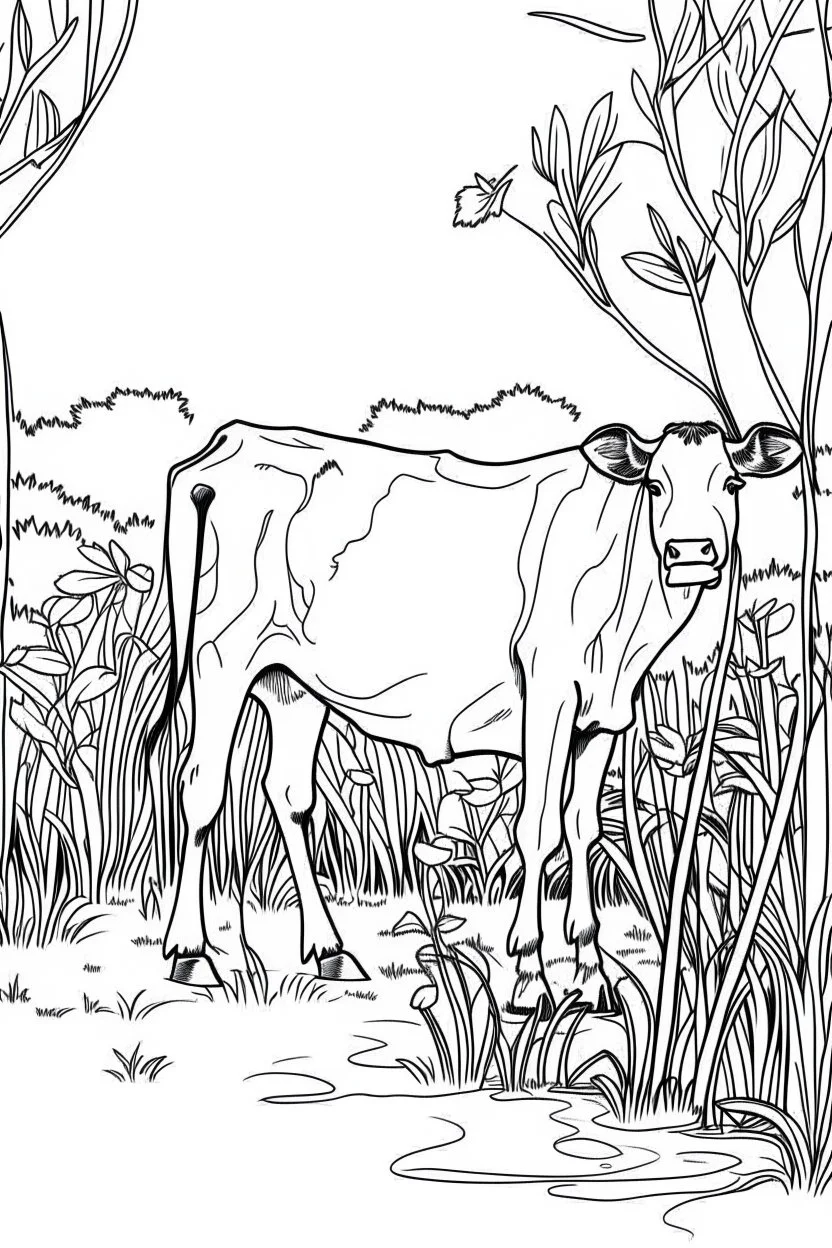 Outline art, no shading, cow standing in the bush, full body, cartoon style, black and white, low detail, --ar 9:11