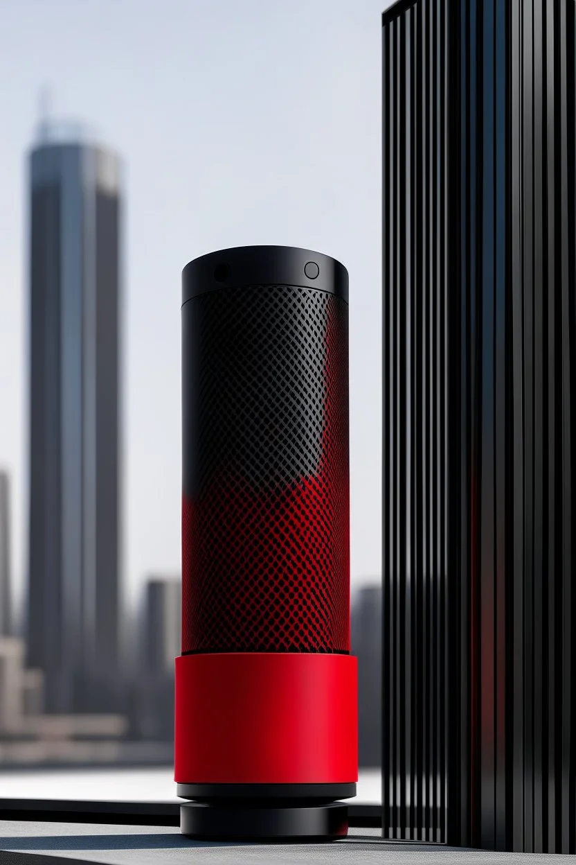 portable speaker, form inspired by merdeka 118 tower , architecture form, modern design style and black and red color