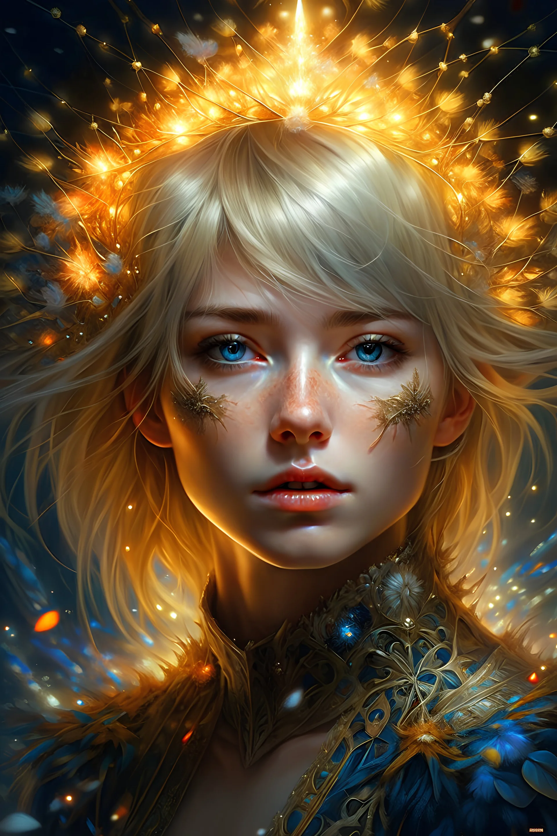 Charming blonde with brown eyes, sparkling fireworks, tinsel garland, detailed ice crystals, full frame, extremely detailed face, intricate filigree, artgerm, hyperdetalization, 32k polished, highly detailed digital painting, artstation concept art, smooth sharp focus, art illustration from artgerm, Yayoi Kusama. Queen Anna, Josephine Wall