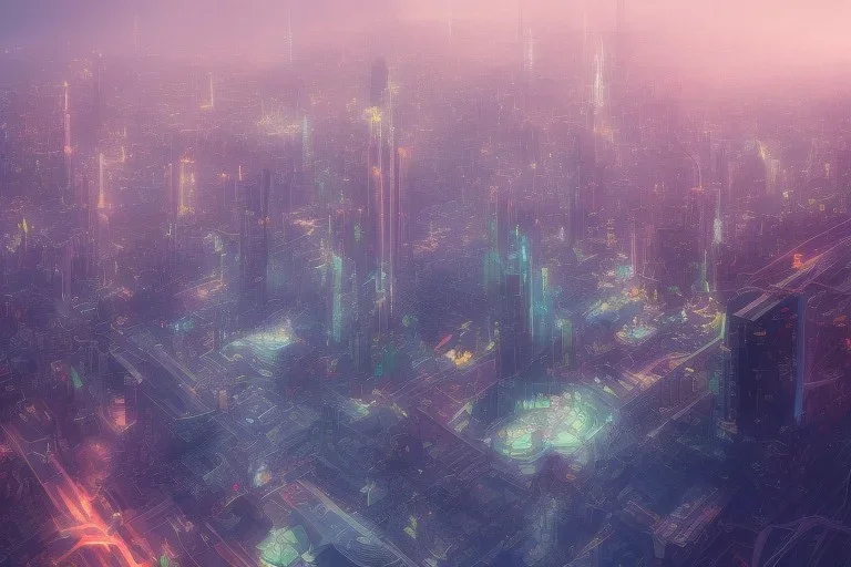 a cinematic view of a big future city but all the roads are made from rainbows