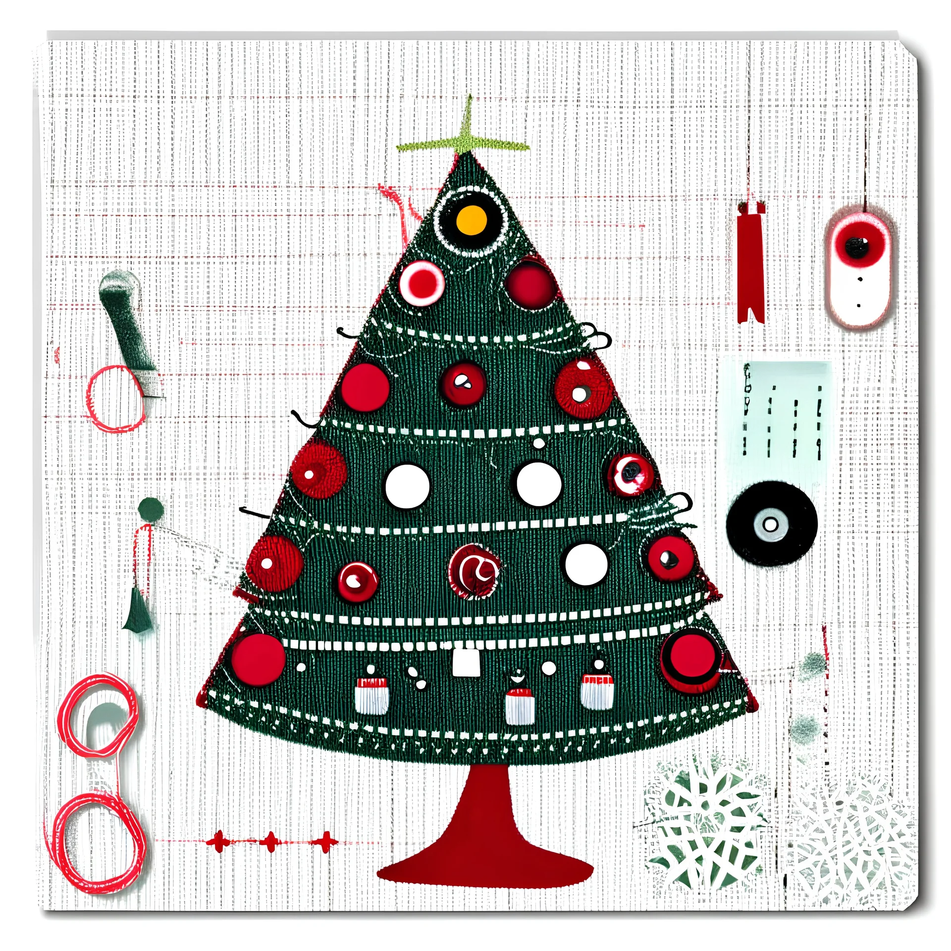 Christmas card in a graphic style, Christmas tree made of sewing accessories, threads, bobbins, buttons