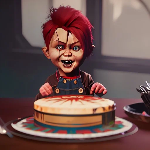create me an ultra realistic chucky doll celebrating his 35th birthday by stabbing the cake with his knife