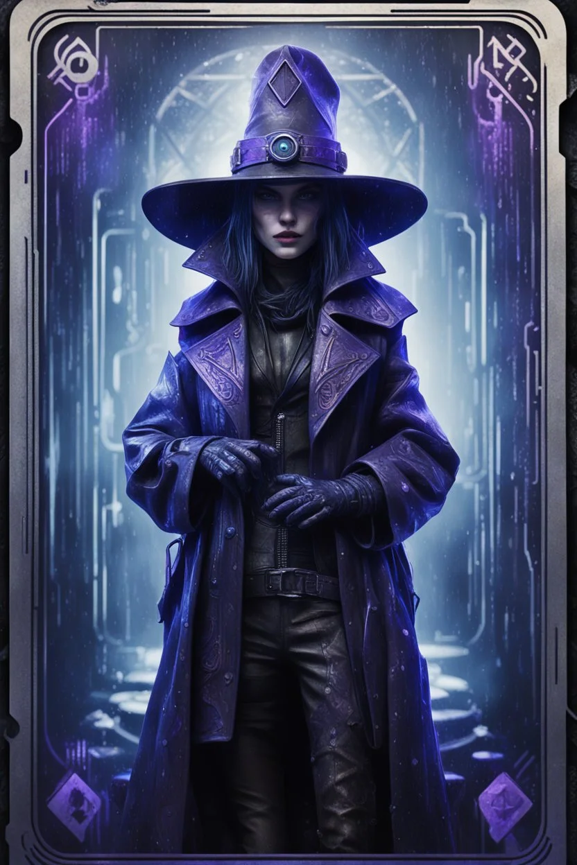 sacred geometry framed playing card, black, blue and purple noen cyber punk dancer thief in soaked rain coat and cowboy witch hat shadows boss card in the style of Giger and fallout 4 ,,bokeh like f/0.8, tilt-shift lens 8k, high detail, smooth render, down-light, unreal engine