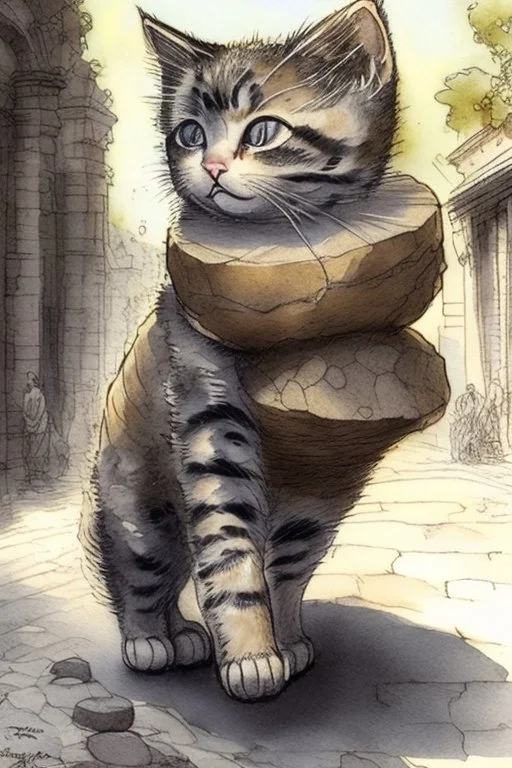 very cute sweet-faced kitten carrying a huge stone on her back on a paved road by Jean-Baptiste Monge golden watercolour and black ink highly detailed elegant intricate very attractive beautiful award winning fantastic view crisp quality in sunshine