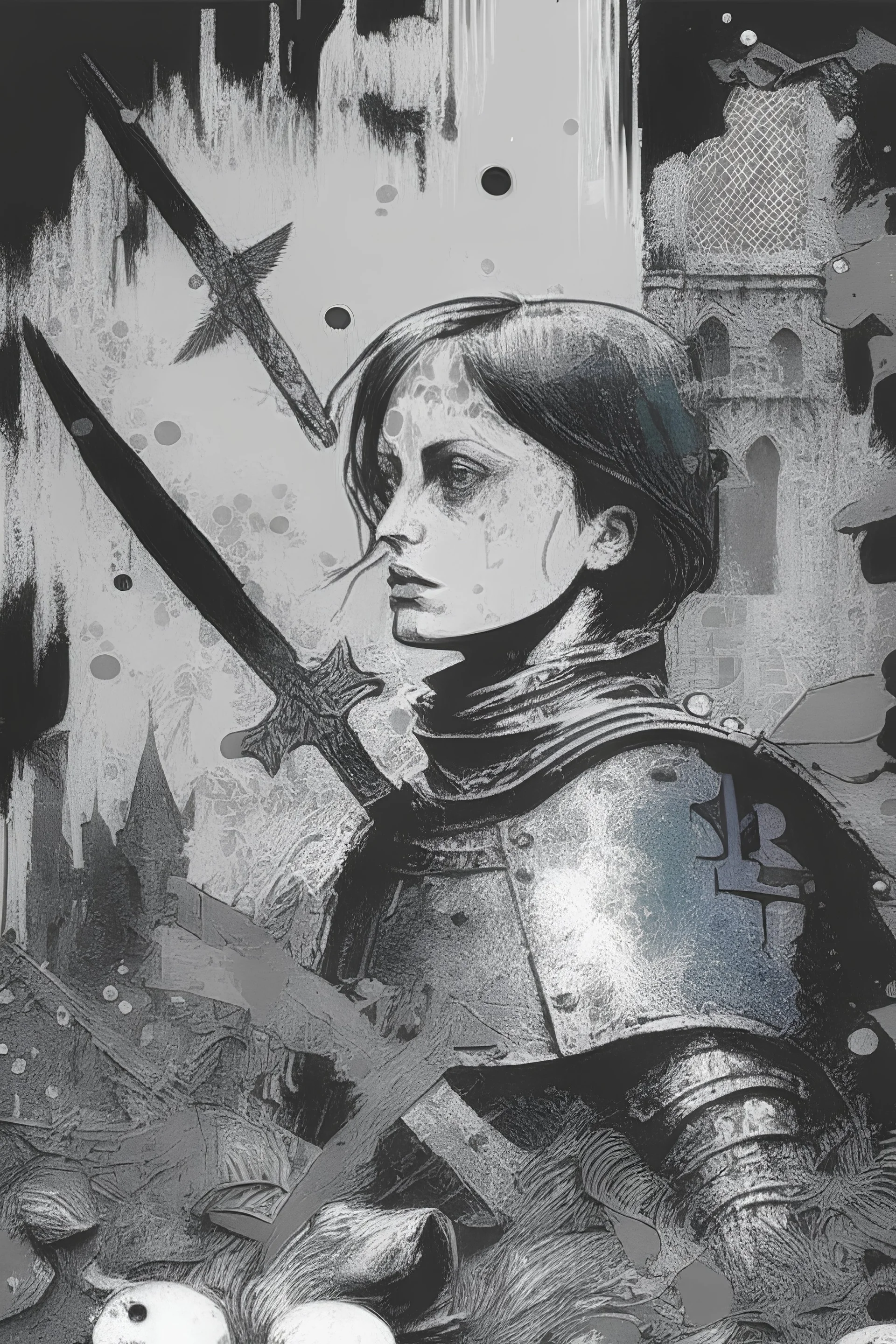 Au centre de l'image je voudrais Jeanne d'Arc en noir et blanc et autour beaucoup de couleurs avec des poissons, des déchets, des tâches de peinture, des bulles de bd, des poilus de la première guerre mondiale, dans un style pop