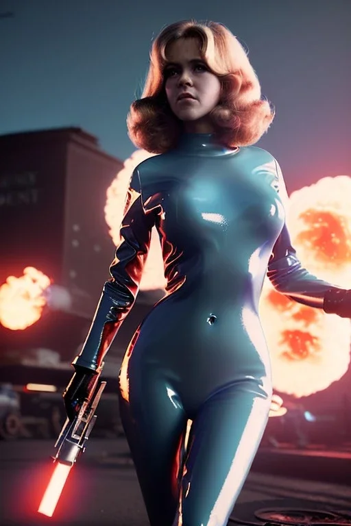 retro sci-fi press image, supermarket explosions from 1960, sweet young Jane Fonda, tight latex suit, weapon, fighting stance, soft color, highly detailed, unreal engine 5, ray tracing, RTX, lumen lighting, ultra detail, volumetric lighting, 3d, finely drawn, high definition, high resolution.