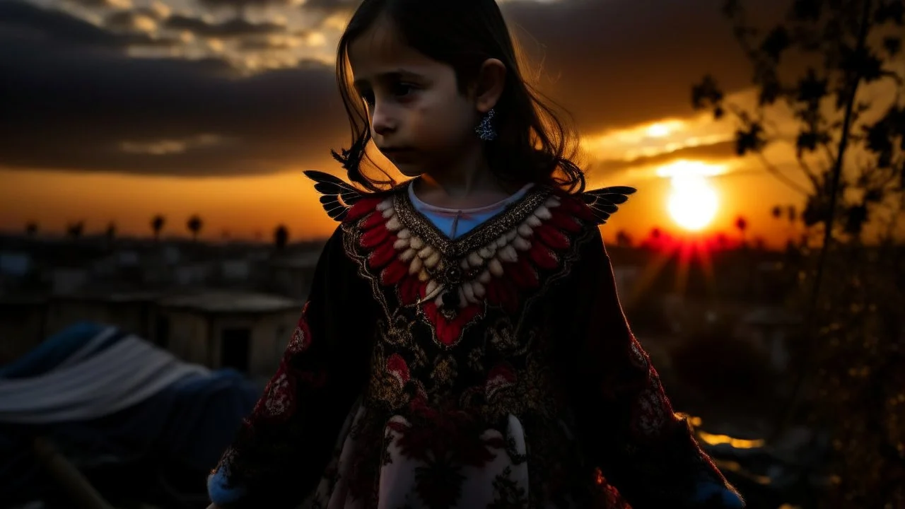 A Palestinian girl have wings wearing an embroidered dress in gaza during sunset in winter.