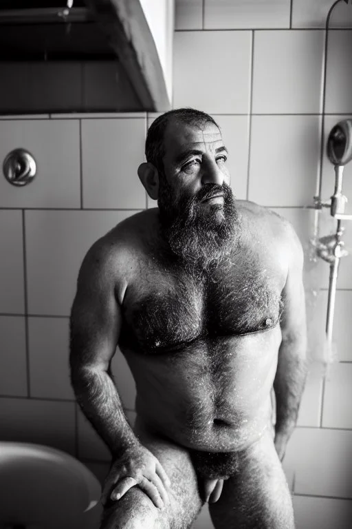 full figure shot frontal view photography of a wet dirty smiling arab stocky man 50 years old strong cute plumber sitting in a dirty old bathroom, in dirty underwear,, crossing arms, manly chest, beard, hairy arms, open legs, curly black hair, angry eyes, misery and poverty, emotive eyes, photorealistic, 35mm lens, f/1.4, hyper-realistic, very detailed, natural colours, dim lights, ambient occlusion, view angle from the floor