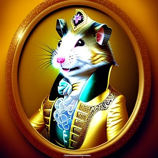 A hamster dressed like Wolfgang Amadeus Mozart, cream coloured background, music notes in the background, very detailled