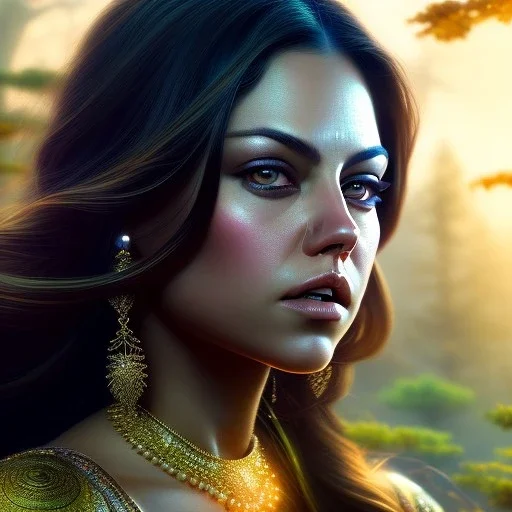 a beautiful closeup portrait of mila kunis, magical forest background, serene colors, dramatic light, gorgeous view, depth, high detail, digital art, painted by seb mckinnon and greg rutkowski, trending on artstation