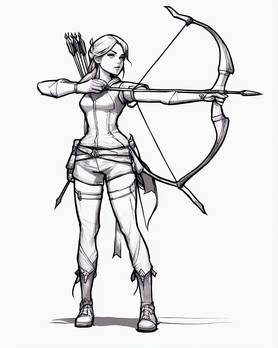 Girl Archer concept art, full body, sketch, coll style, bow