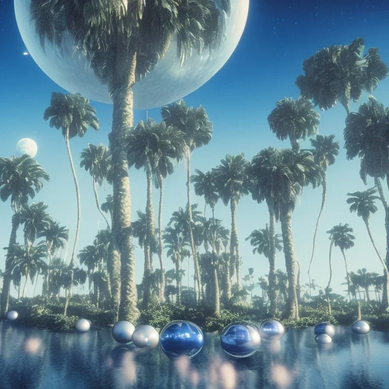 1980's aesthetic vaporwave curvy palm trees with spheres and ufo