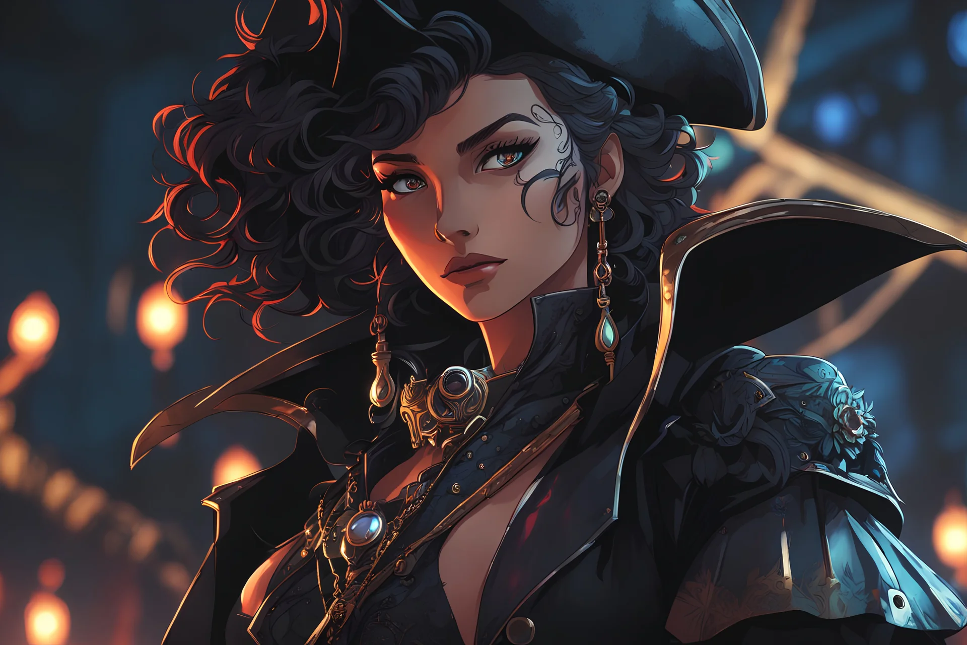 Hot Evelyn venom in 8k solo leveling shadow artstyle, pirate them, mask, close picture, sea, neon lights, intricate details, highly detailed, high details, detailed portrait, masterpiece,ultra detailed, ultra quality