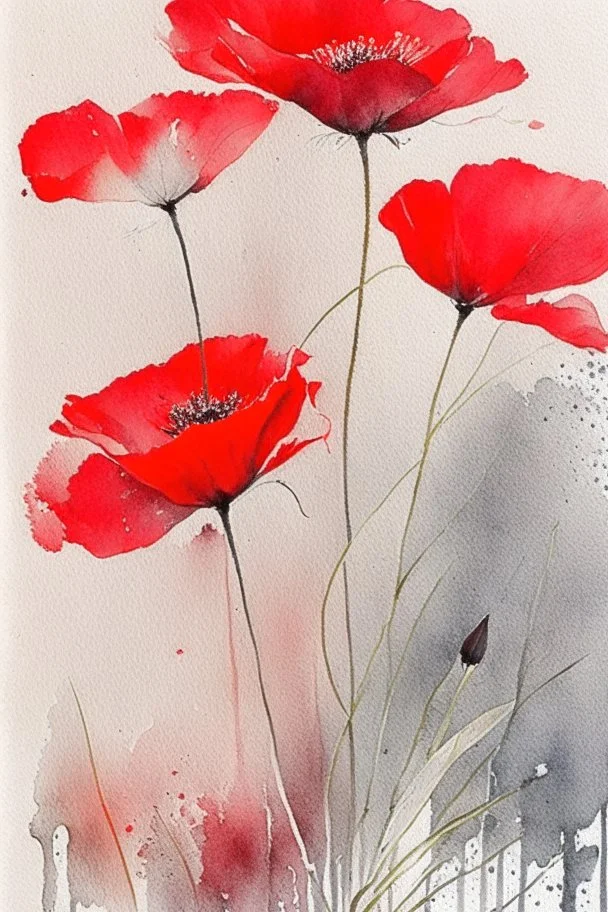 Abstract wet watercolour, bright red grey stalks poppies