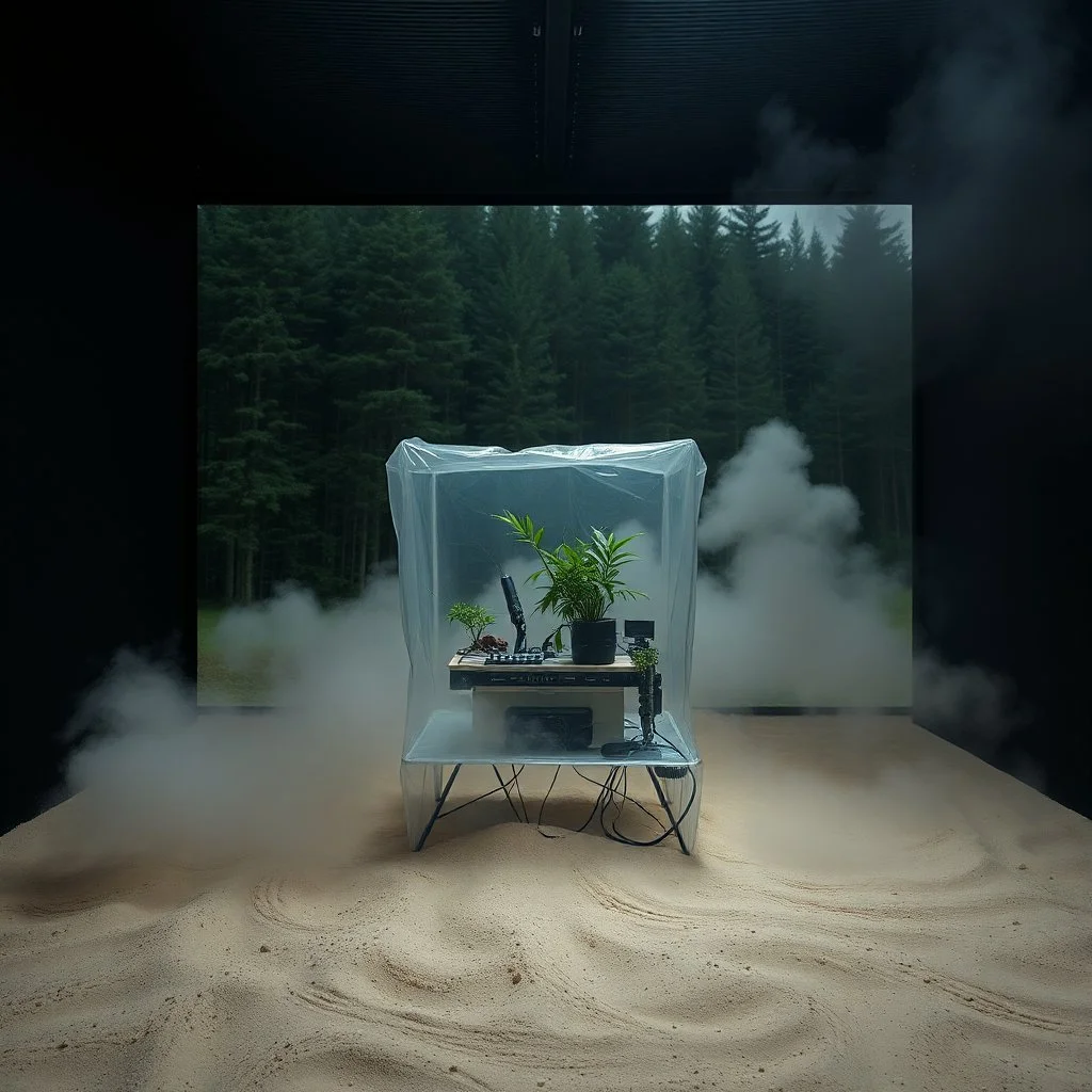 A photo of a closed environment in a dark closed space. In the background there is a forest. At the center, a structure made of plastic. Some electronical devices. Plants, clouds. The surface below appears to be sandy, with small accumulations of sand. Fog, powder. In the background, other forms or structures are visible, some of which are thin and transparent. The photo was taken with a Hasselblad H6D 400c camera.