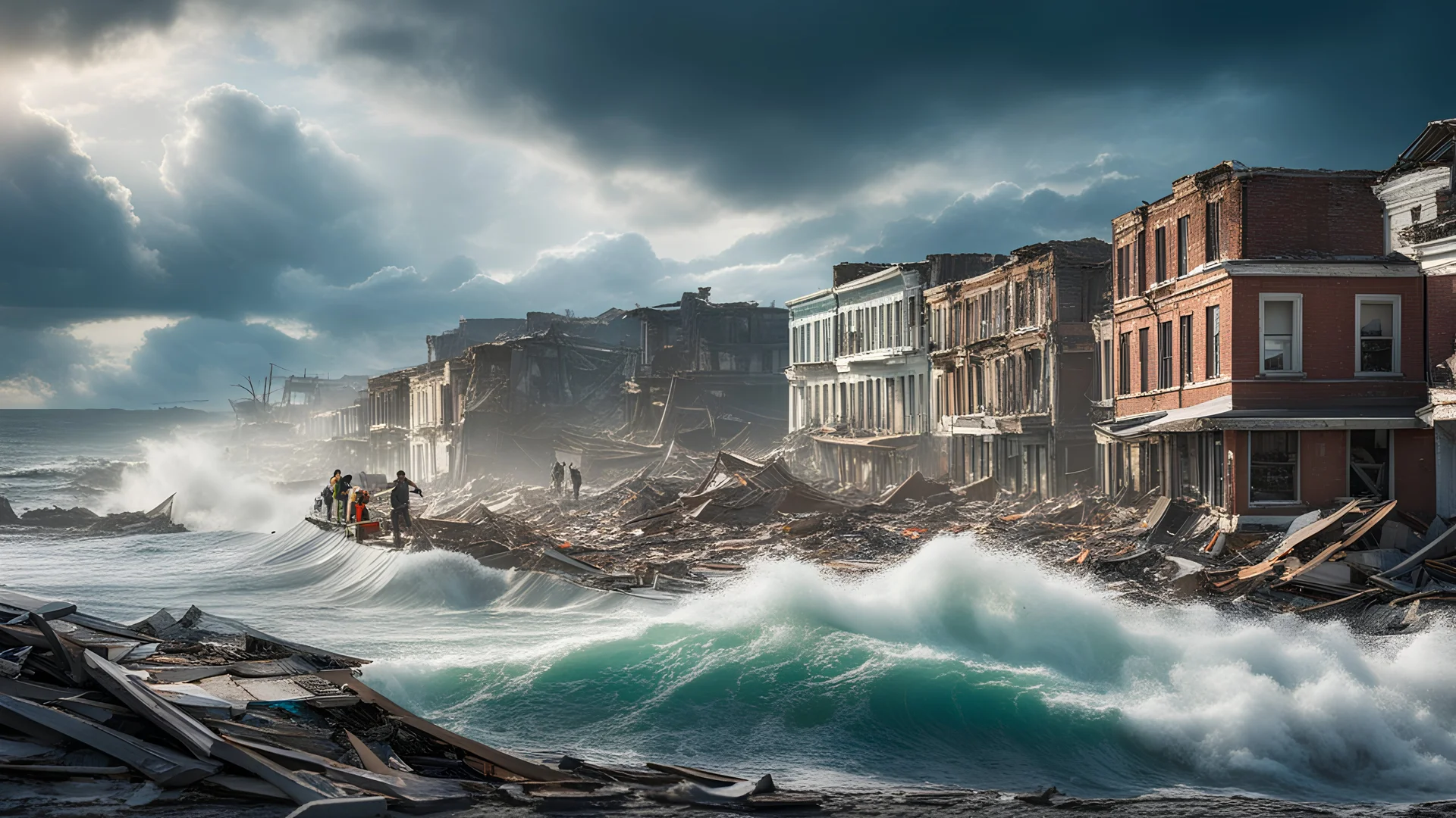 Climate emergency. A coastal town in ruins after a massive hurricane. Buildings are demolished, debris litters the streets, and rescue workers search for survivors amidst the wreckage. The ocean roars ominously in the background. Beautiful award-winning photograph, shocking, rule of thirds, balanced delightful composition, perfect lighting, superb detail, 16k render