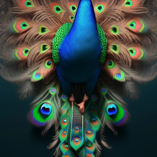 peacock face fantasy art, Unreal Engine 5, lens macro,sharp focus, realistic, hyper detailed, studio lighting, neon light ambient