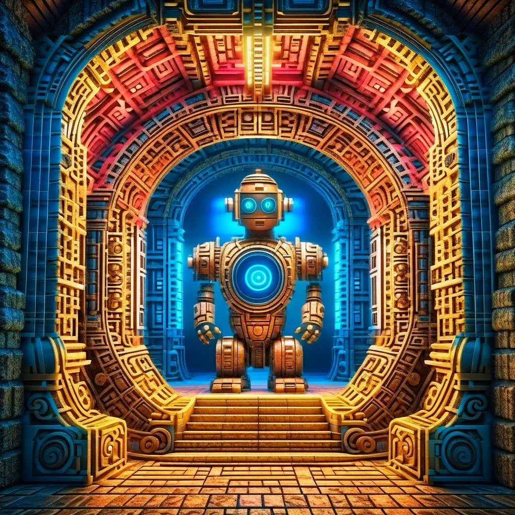 portrait of ancient godlike chat robot in the style of escher, in front of teleporter portal to the sea in an underground grove, 8k, down-light, soft light, depth of field, photo realism, trending on art station, high detail