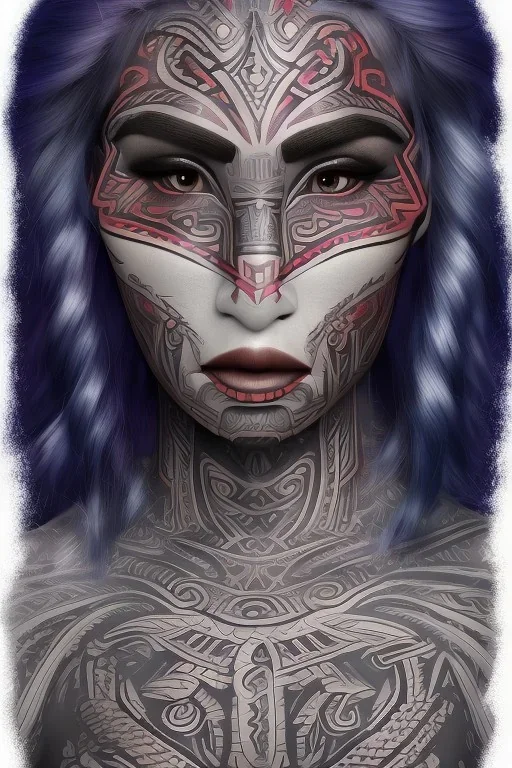  Portrait female Maori Chief iron maiden rainbow Maori tribal tattoos, bow with arrows, full detail, 4k, style of Cosmopolitan negative colors