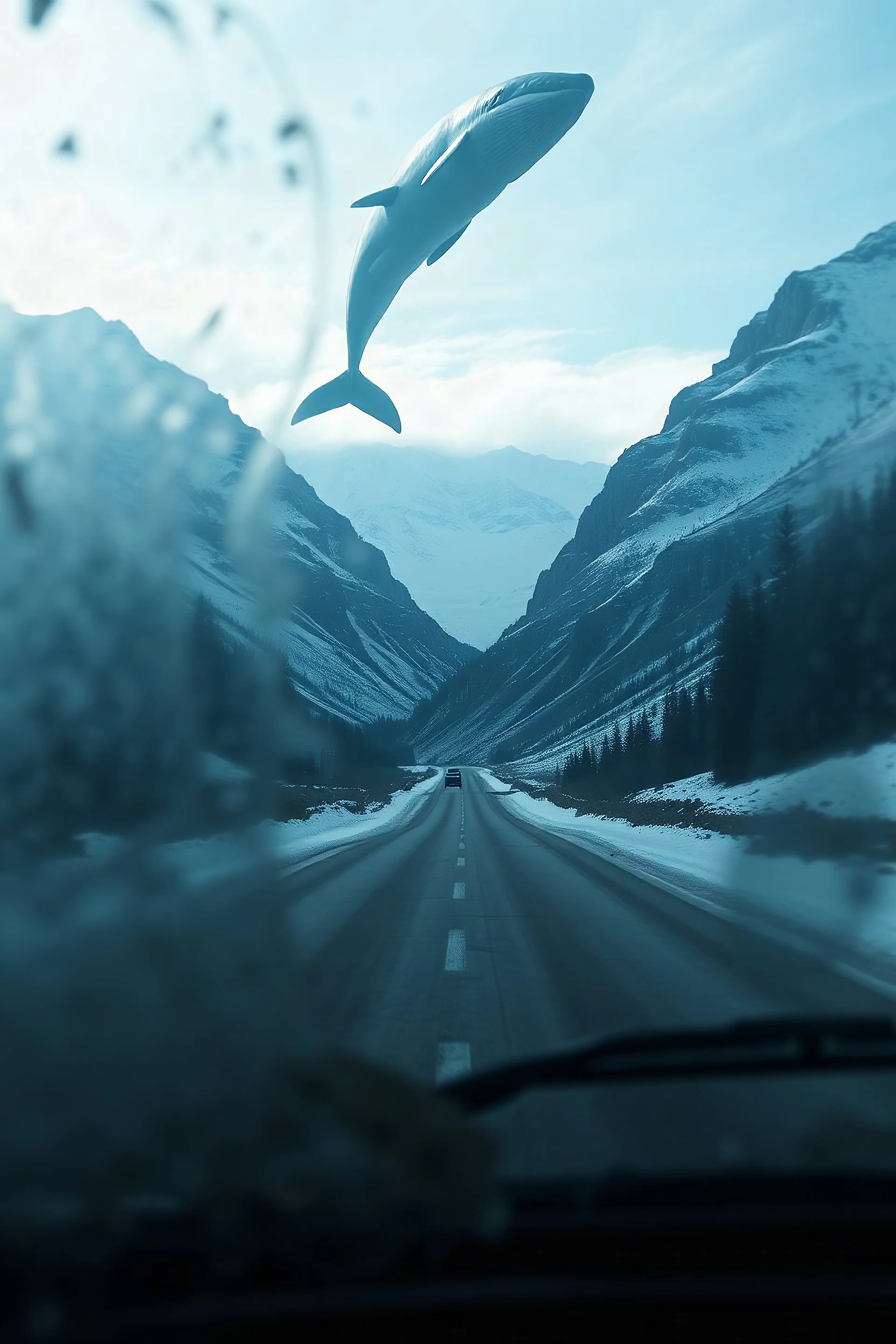 surreal mountain road seen through a dirty truck front window, dirty blue snow and wind, a giant whale hanging in the sky
