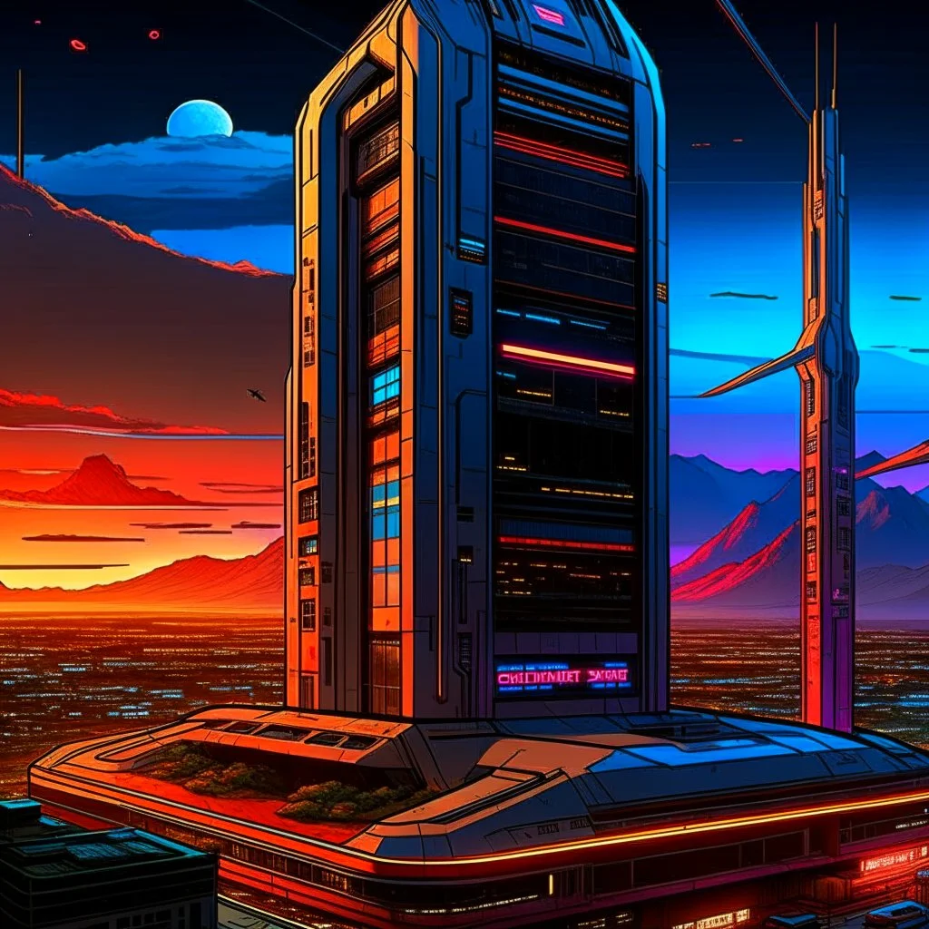 cyberpunk retro futuristic for comics really tall from far away