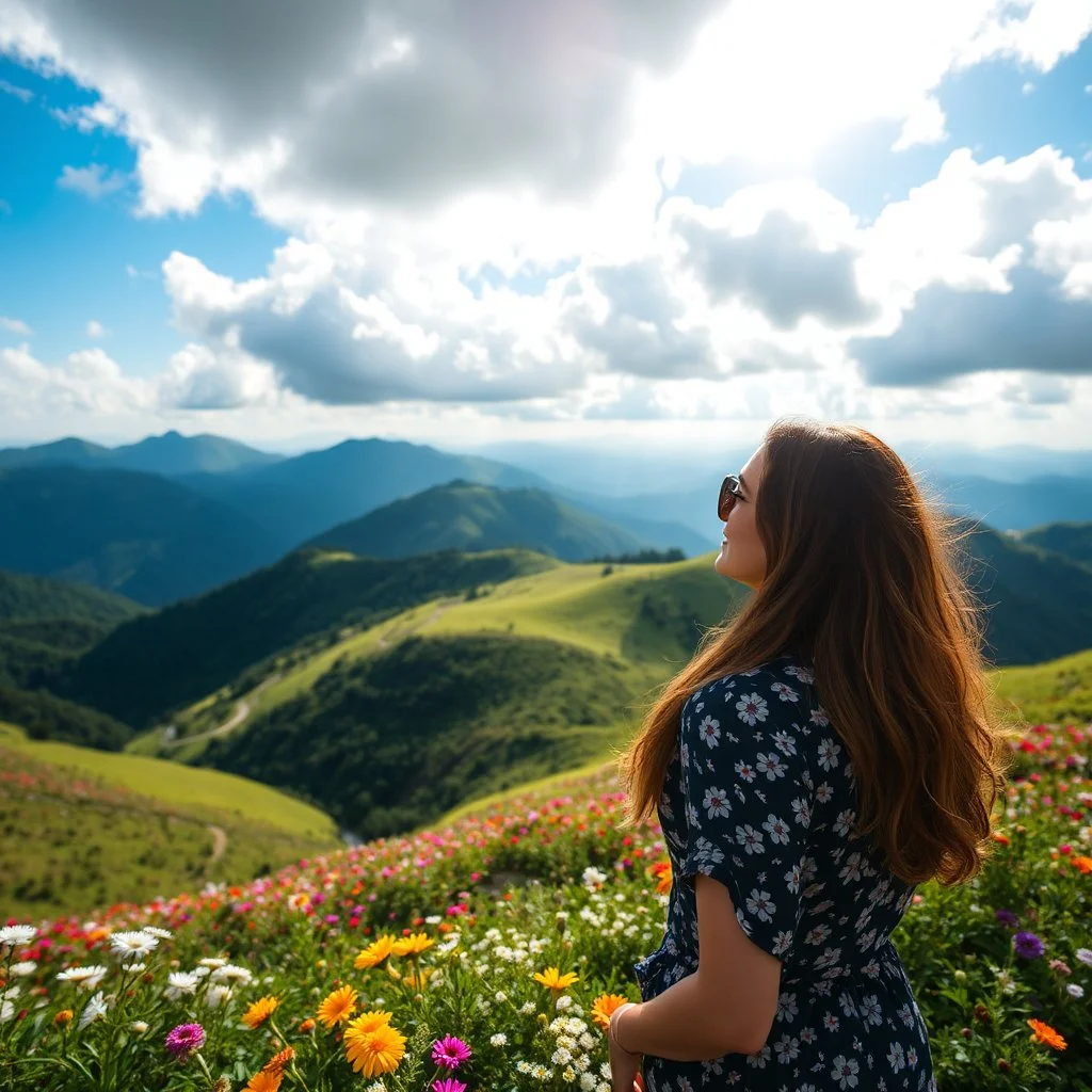 beautiful Green hills covered with flowers colorfull ,blue sky heavy clouds with godray ,very nice flowers at closeup ,wonderfull mountains at distance,beautiful lady clibming at hills full body shot