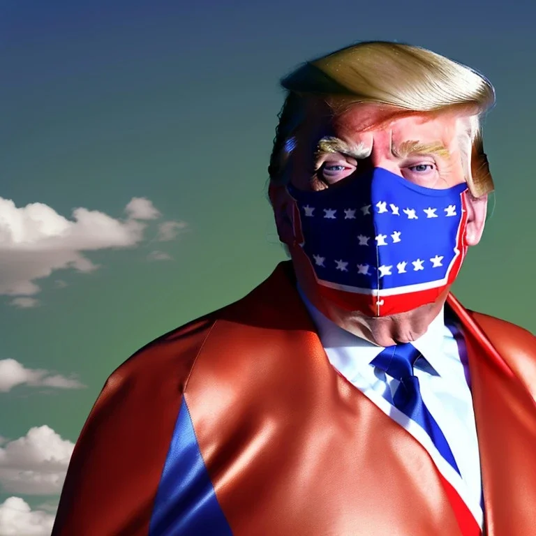 realistic image of donald trump as a mexican wrestling fighter posing outdoors, Mexican eyes wrestling mask, red and blue breeches, confederate flag cape, retro style, 80s, vibrant color, highly detailed, sky background, concept art, unreal engine 5, god rays, ray tracing, RTX, lumen lighting, ultra detail, volumetric lighting, 3d, finely drawn, high definition, high resolution.