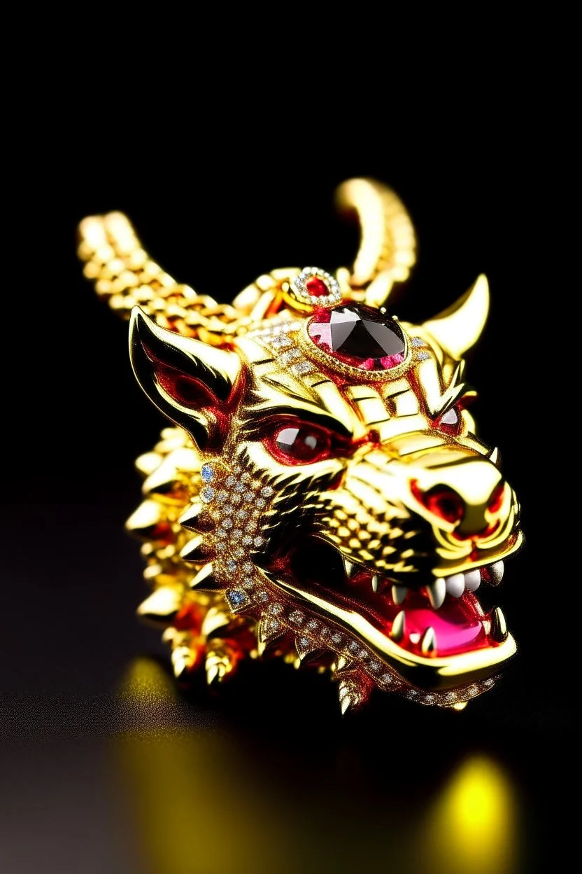 A pendant for a gold chain, iced out pumba from the lion king with rubies as eyes, fangs in gold