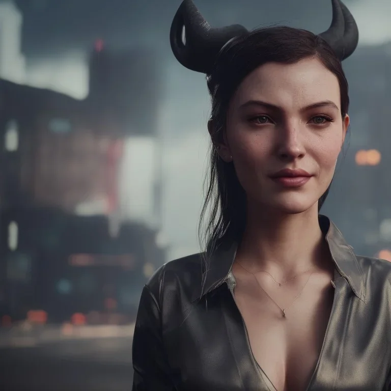 a moody medium-close-up shot of an attractive woman with a gentle smile and curved horns on a cyberpunk city sidewalk, high-resolution